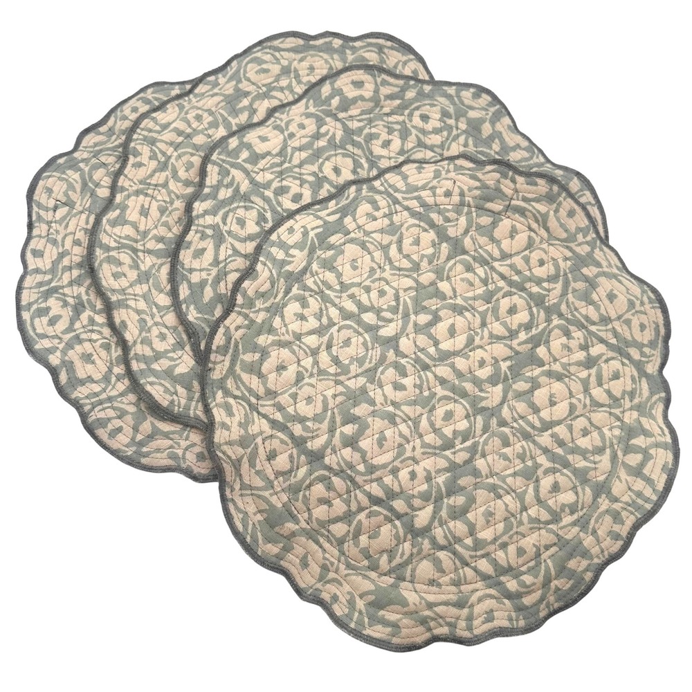 Magnolia Table Quilted Round Placemats Set 4 Floral Damask Scalloped Grey Sage